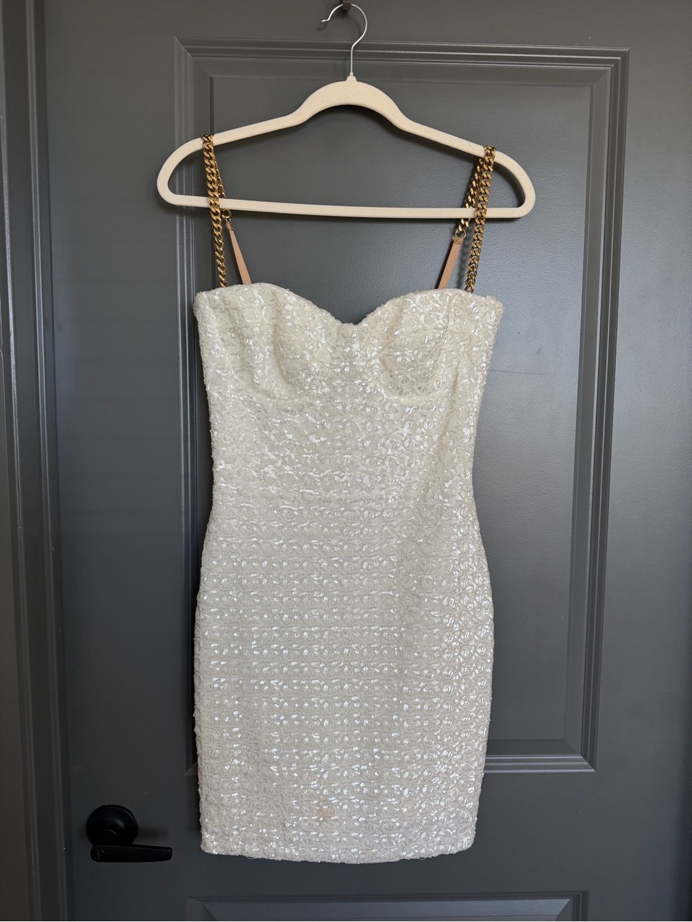 NADINE MERABI Ivory Lara Sequin Mini Dress with Gold Chain Straps